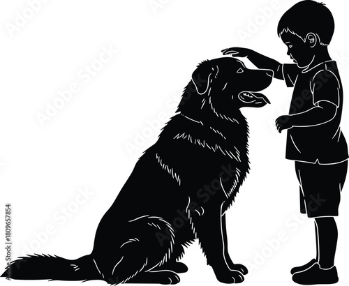 Silhouette of little boy petting large dog, child touching head of pet, animal friendship concept, black vector illustration art.