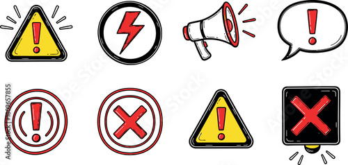 Vector Illustration of Hand-Drawn Warning, Alert, Error, and Danger Icons Set. Sketchy Doodle Style Symbols for UI/UX.