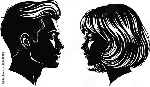 Highly Detailed Vector Silhouette Portraits of Man and Woman Facing Each Other, Representing Communication, Relationship, Love, Contrast, and Human Interaction.