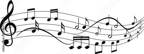 Flowing Vector Musical Staff with Black Notes and Treble Clef, Ideal for Representing Sound, Classic Music, Abstract Art, and Creative Composition.