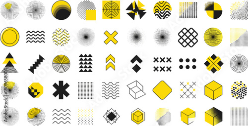 Large Abstract Vector Collection of Geometric Shapes and Design Elements in Black and Yellow Featuring Halftone Dots, Waves, Cubes, and Retro Memphis Style Patterns.