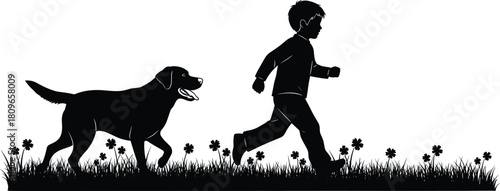 Silhouette of little boy running with dog in grass field, happy child playing with pet outside, vector illustration.