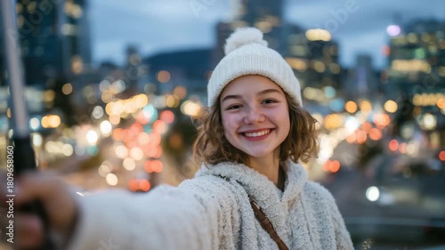 Wallpaper Mural 261Over-the-shoulder close-up of teen vlogger holding smartphone, selfie stick extended, city skyline and busy street in background, subtle bokeh emphasizing her face and phone displa Torontodigital.ca