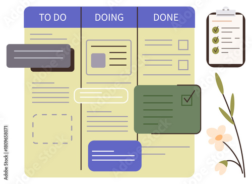 Kanban board with categorized tasks in three columns, clipboard with checklist, and floral decoration. Ideal for task management, productivity, workflow, efficiency, collaboration, planning simple