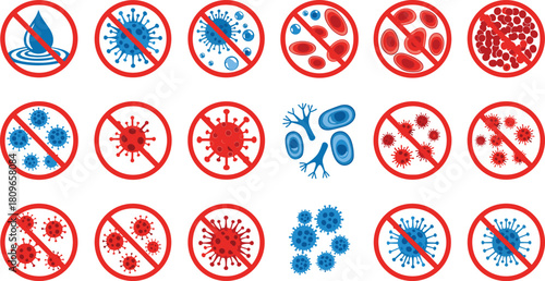 Set of stop virus and bacteria icons, anti-bacterial prohibition signs, blood cells, medical health warning vector illustration collection isolated.