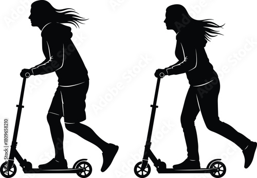 Silhouette of girl riding kick scooter, young woman pushing with foot, active urban transport, eco friendly travel vector illustration.