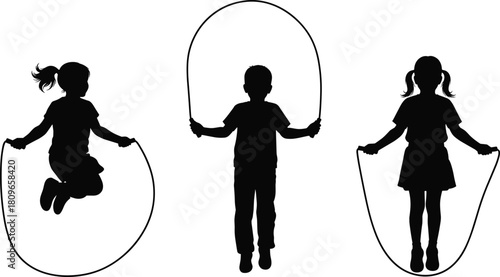 Silhouette set of children skipping rope, happy boy and girls jumping, active kids play game, healthy fitness vector illustration.