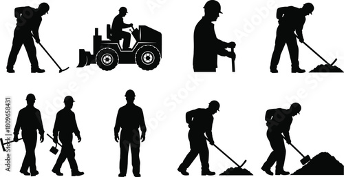 Construction worker silhouette set, builders digging and driving machinery, laborer in hard hat, vector illustration collection.
