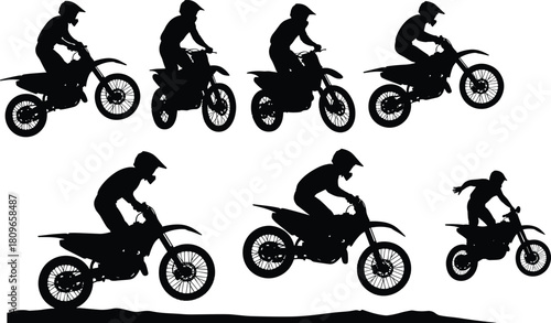 Motocross rider silhouette set, man on dirt bike jumping, extreme motorcycle sport, black vector illustration collection for racing design.