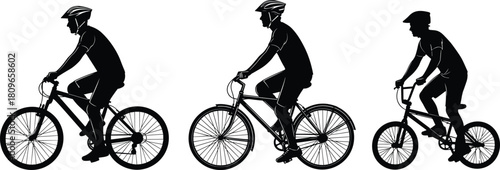 Silhouette set of cyclists riding bicycles, men on mountain, road and BMX bikes, active sport, fitness, vector illustration collection.