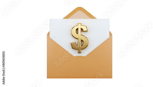 Golden Dollar Sign in Envelope on White Paper Keywords: dollar sign, money, finance, currency