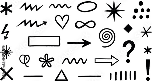 Vector Illustration of White Hand-Drawn Doodle Arrows, Symbols, and Punctuation Marks Collection Set