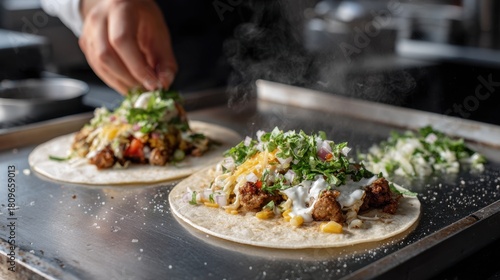 Wallpaper Mural Chef preparing delicious tacos with fresh ingredients on griddle Torontodigital.ca