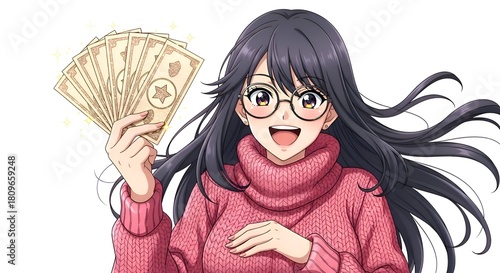 Anime Girl with Money and Glasses Smiling.