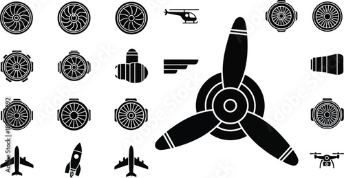 Illustration of collection of black and white aviation icons