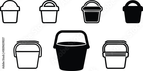 Bucket Icon Set Silhouette Vector Collection on a white background.

