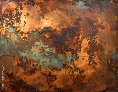 Patinaed metal texture, swirling colors, dark stains