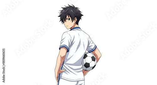 Anime Soccer Player with Ball on White Background.