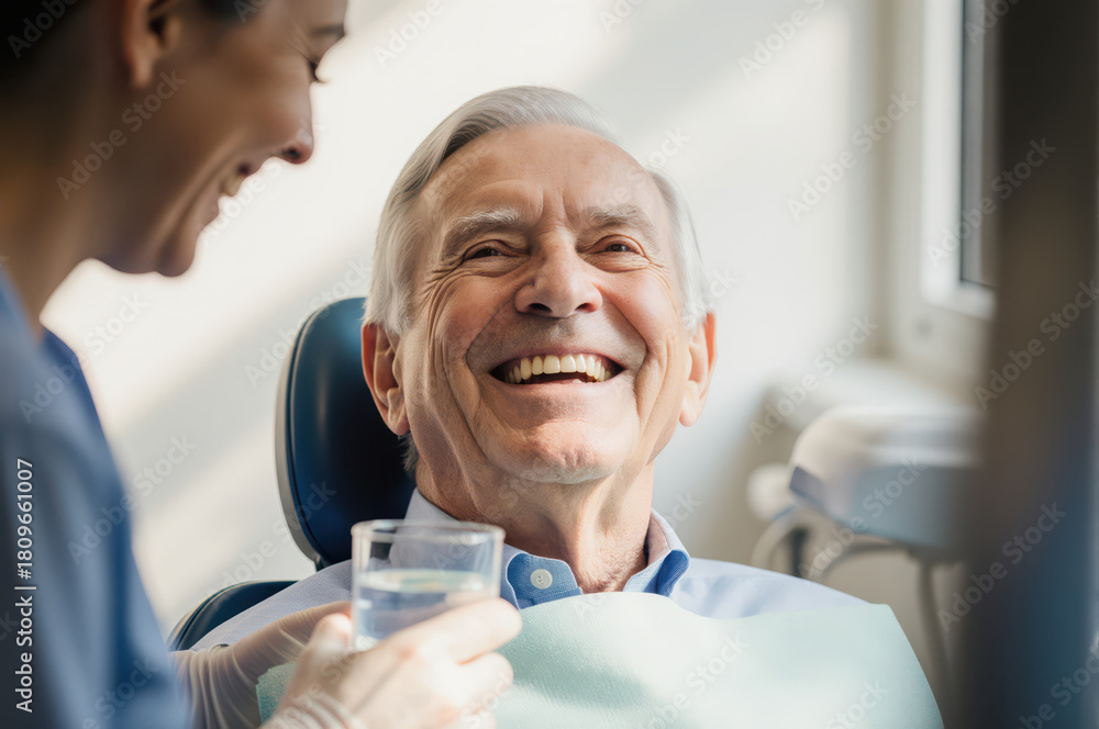 Fototapeta premium Happy senior man smiles brightly while receiving attentive care from professional dentist in modern dental office. His satisfied expression shows trust and comfort during visit