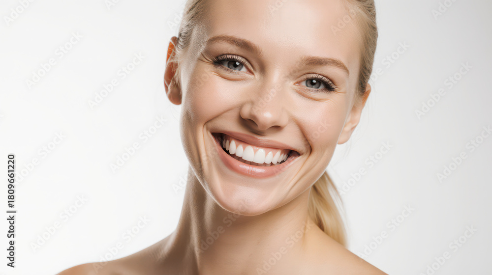 Obraz premium Cheerful young Caucasian woman expressing genuine happiness, smiling widely with bright eyes. Her radiant face and natural beauty shine against pristine white studio background, conveying positive