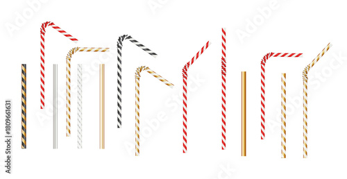 Realistic paper straw mock up template on isolated white background. Flexible bar liquid sucking accessories. Tubes for juice or soda. Vector