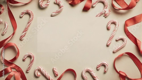 Festive image with candy canes and red ribbon on a beige background with empty space