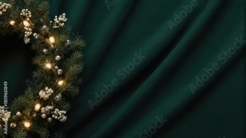 A festive wreath with lights and ornaments sits over a rich green fabric background