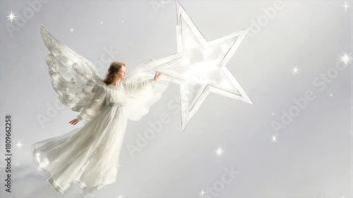 A celestial image features an angel reaching toward a glowing star amidst a star-filled sky