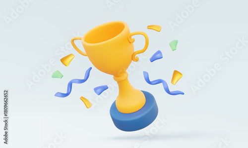 3D vector Yellow trophy cup with confetti elements design floating on pastel background. champion excellence game sport education learn reward competition achievement best 1st concept. illustration