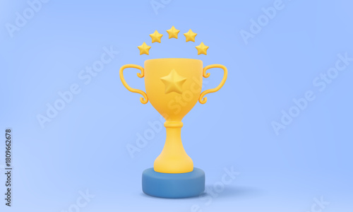Realistic trophy cup with five star icon symbol best quality winner champion victory award achievement concept isolated on pastel background. cartoon minimal style. 3d vector render illustration
