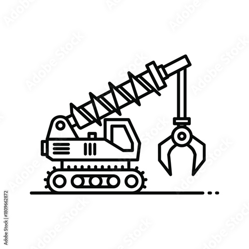 Excavator or mobile crane icon with grapple, heavy machinery, construction, isolated on