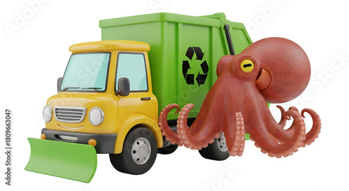 Cartoon Octopus Next to Garbage Truck funny illustration