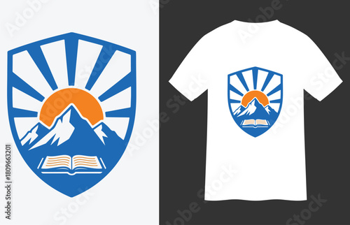 Book and Pen with Headphones T-shirt Design; a blue vector icon for audiobooks, learning apparel, writing, podcasting, and education-themed graphic tees.