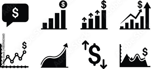 Set of black and white financial growth icons