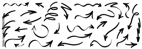 Hand-drawn arrow set with bold marker strokes and soft highlight accents. Dynamic line details and playful arrow shapes perfect for modern marker-style artwork with extra highlight and line energy.