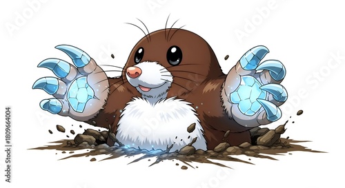 Cartoon Mole Emerging from Ground with Large Claws.