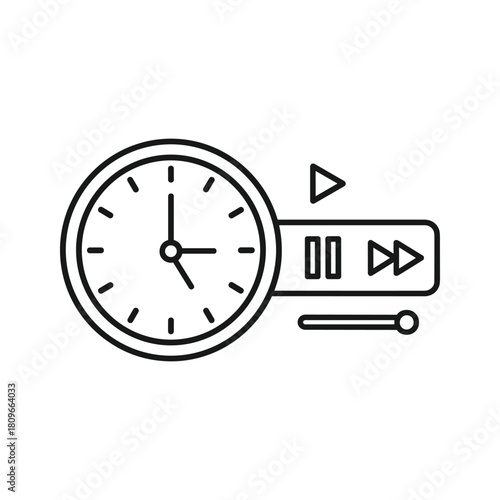 Time management concept with a clock and media player controls like play, pause, and fast forward