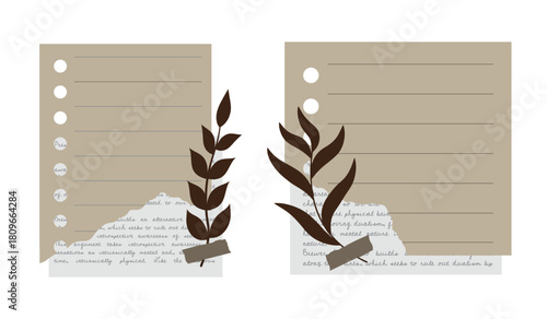 Aesthetic note paper journal  with torn edges and botanical leaves