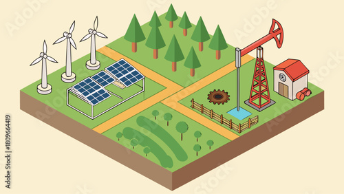 Renewable and Nonrenewable Energy Resources Isometric Vector – Green Power Sources, Solar and Wind Electricity, Fossil Fuels, and Natural Earth Resource Illustration