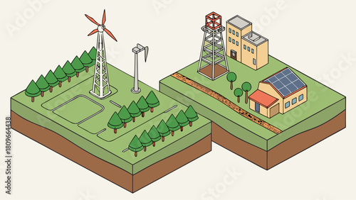 Renewable and Nonrenewable Energy Resources Isometric Vector – Green Power Sources, Solar and Wind Electricity, Fossil Fuels, and Natural Earth Resource Illustration
