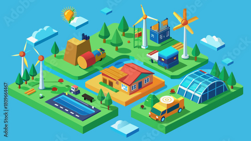Renewable and Nonrenewable Energy Resources Isometric Vector – Green Power Sources, Solar and Wind Electricity, Fossil Fuels, and Natural Earth Resource Illustration