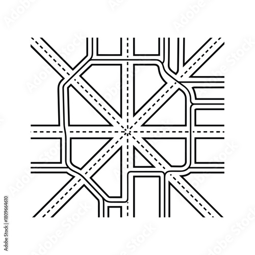 Abstract line art illustration of a complex road intersection or city map layout with multiple roads