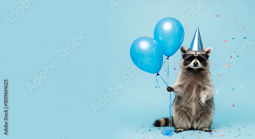 Cute raccoon wearing sunglasses and a party hat, holding blue balloons with confetti on a light blue background, celebrating a birthday party