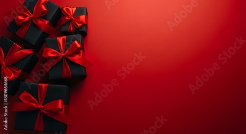 Black Gift Boxes With Red Ribbons On Red Background gifts presents