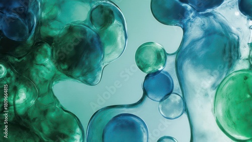 Abstract Macro Shot of Blue and Green Liquid Bubbles and Swirls.