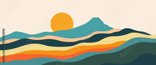 Abstract mountain landscape with layered hills, vibrant sunrise scene, minimalist nature background for wall art and design