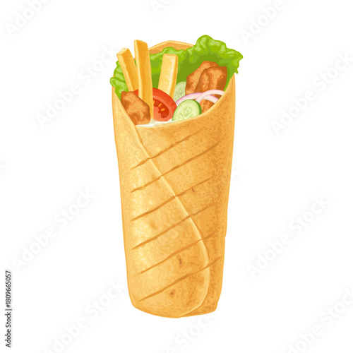 Shawarma with french fry stick potato. Vector realistic color illustration for menu, poster, web. Isolated on white background