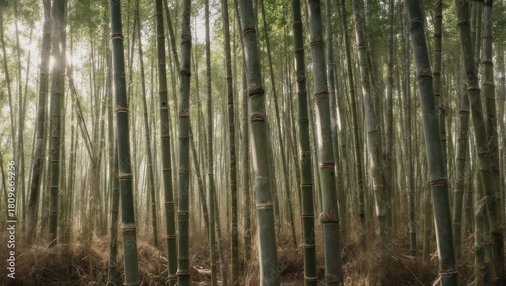 Fototapeta premium Dense Bamboo Forest with Sunlight Filtering Through the Trees.