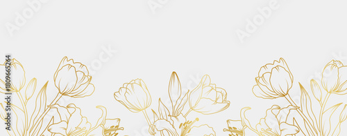 Luxury gold lily and tulip flowers background. Floral pattern tropical in line art style for greeting, invitation, wedding card, wall art, wallpaper and print. Vector illustration