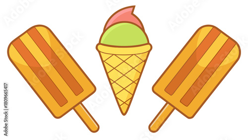 Vector illustration of assorted ice cream treats featuring two popsicles and single classic waffle cone